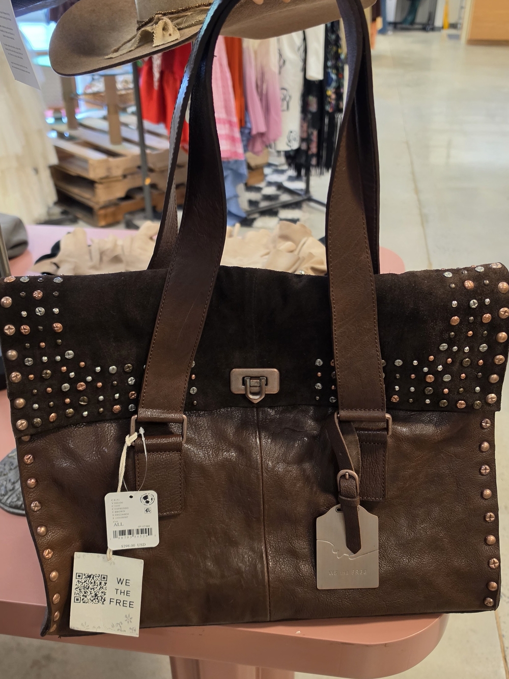 Free People Brown Leather & Suede Studded Tote